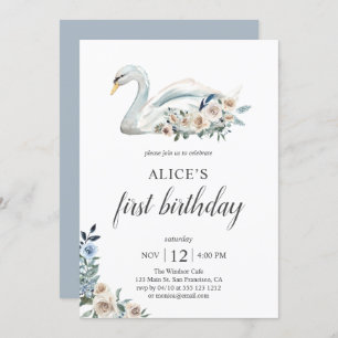 Invitation Boho Dusty Blue Flower Swan 1er anniversaire