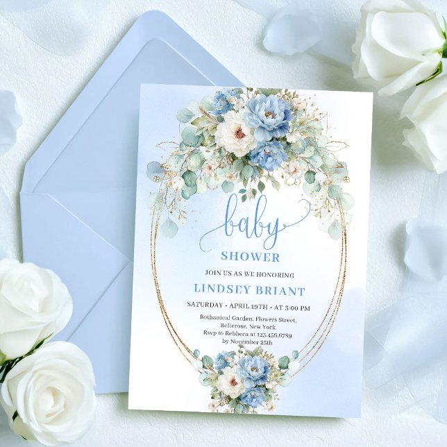 Invitation Boho Dusty Blue Flowers Eucalyptus Gold Baby Showe (Boho Dusty Blue Flowers Eucalyptus Gold Baby Shower)