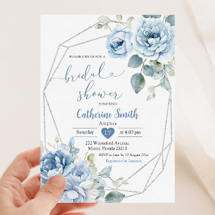 Invitation Boho Dusty Blue Flowers Fête des mariées géométriq
