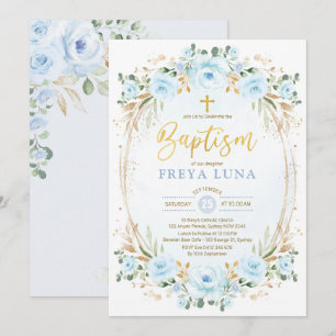 Invitation Boho Dusty Blue Gold Garden Floral Baptême
