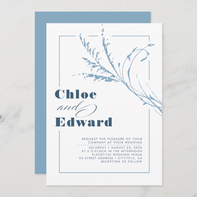 Invitation Boho Dusty Blue moderne et Mariage de marine (Devant / Derrière)