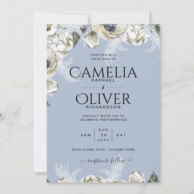 Invitation BOHO Dusty Blue Pampas Floral Mariage (Devant)