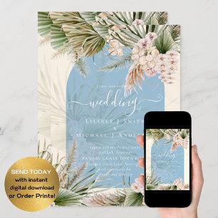 Invitation BOHO Dusty Blue Peach Pampas Grass Mariage