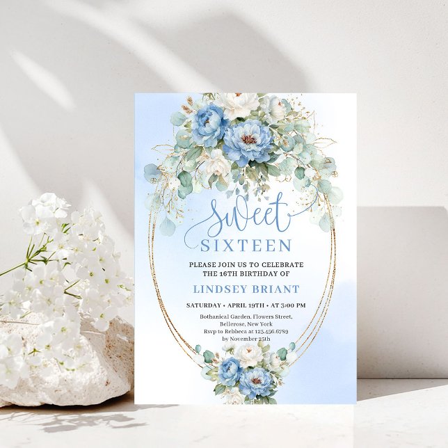 Invitation Boho Dusty Blue Peony Gold Sweet Sixteen Invite (Boho Dusty Blue Peony Gold Sweet Sixteen Invitation)