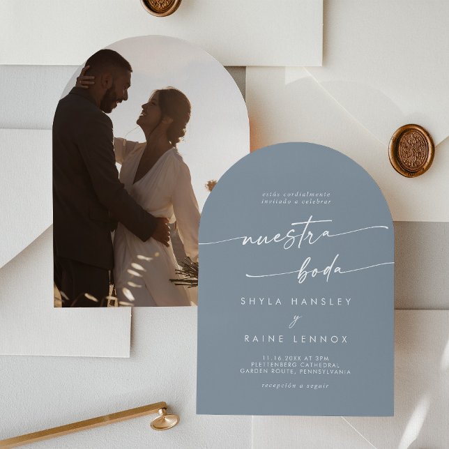 Invitation Boho Dusty Blue Photo Arch Mariage espagnol (Créateur téléchargé)