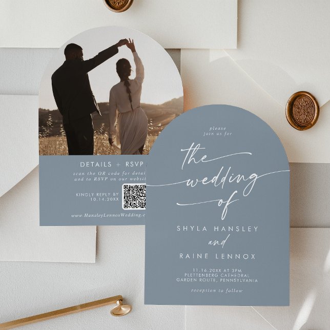 Invitation Boho Dusty Blue Photo QR Code Arch Mariage (Créateur téléchargé)