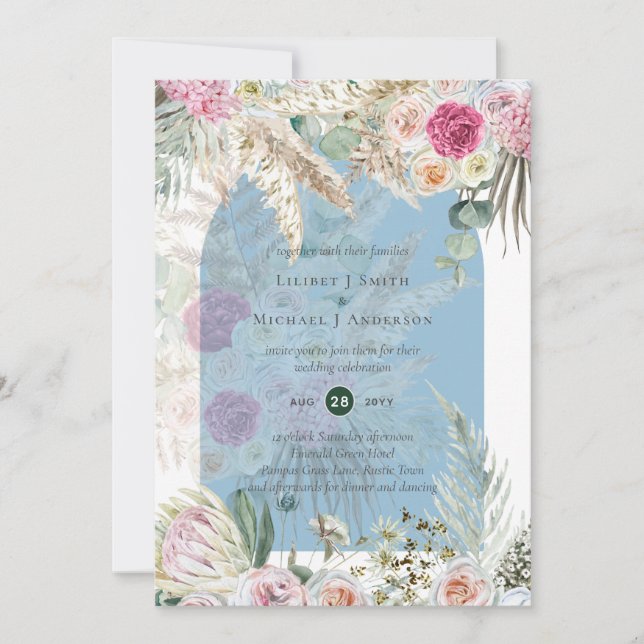 Invitation BOHO Dusty Blue Rose Floral Pampas Grass Mariage (Devant)