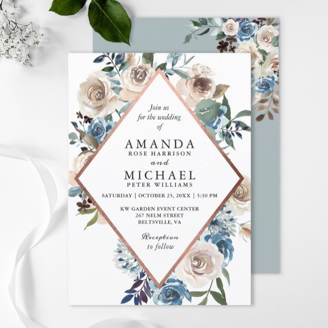 Invitation Boho Dusty Blue Rustic Floral Rose Mariage or (Créateur téléchargé)