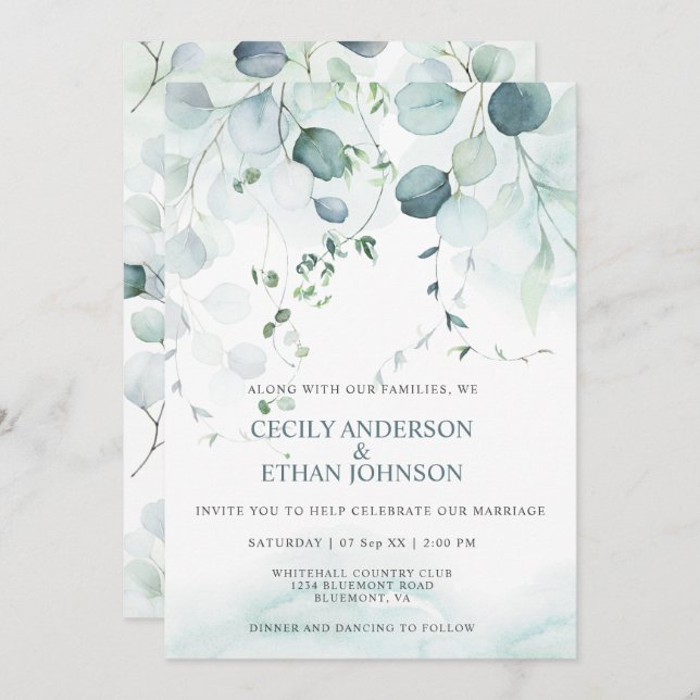 Invitation Boho Dusty Blue & Sage Green Eucalyptus Mariage (Devant / Derrière)