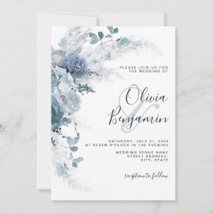 Invitation Boho Dusty Blue Slate Pastel Floral Pampas Mariage