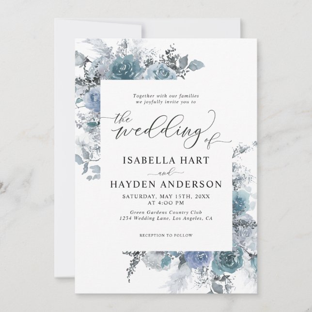 Invitation Boho Dusty Blue Slate Pastel Pampas Floral Mariage (Devant)