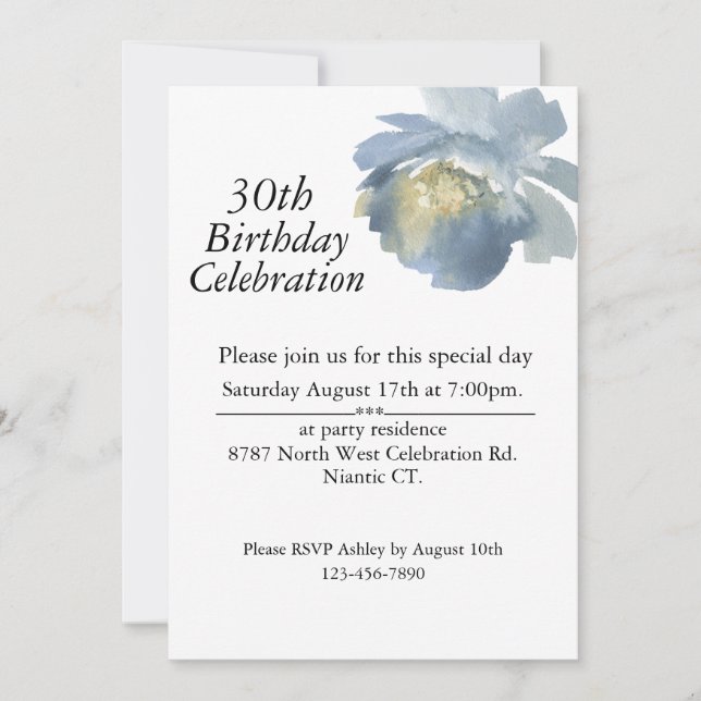Invitation Boho Dusty Blue Watercolor Rose 30e anniversaire (Devant)