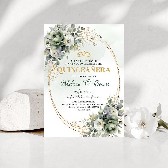 Invitation Boho Dusty Green Eucalyptus pour Quince (Boho Dusty Green Eucalyptus Quinceañera Invitation)