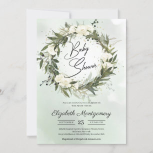 Invitation Boho Dusty Green Olive Wreath White Roses