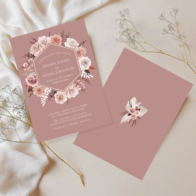 Invitation Boho Dusty Mariage de couronne de fleurs rose (Boho Dusty Pink Floral Wreath Wedding Invitation)