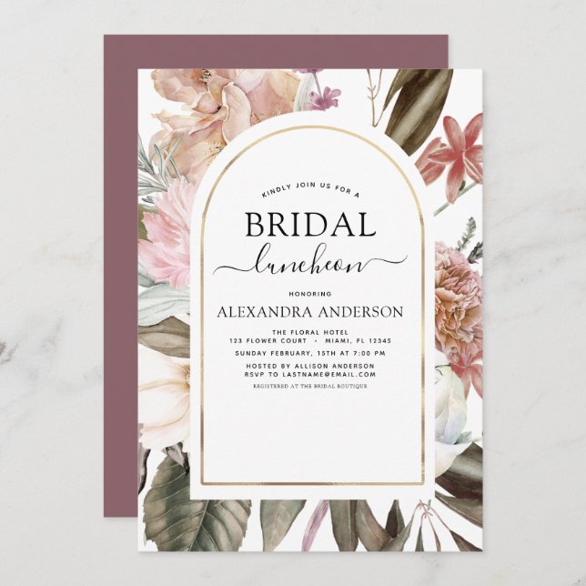 Invitation Boho Dusty Pink Burgundy Fête des mariées Déjeuner (Devant / Derrière)