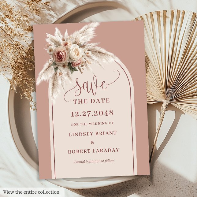 Invitation Boho Dusty Pink Floral Pampas Grass Save the Date (Boho Dusty Pink Floral Pampas Grass Save the Date)