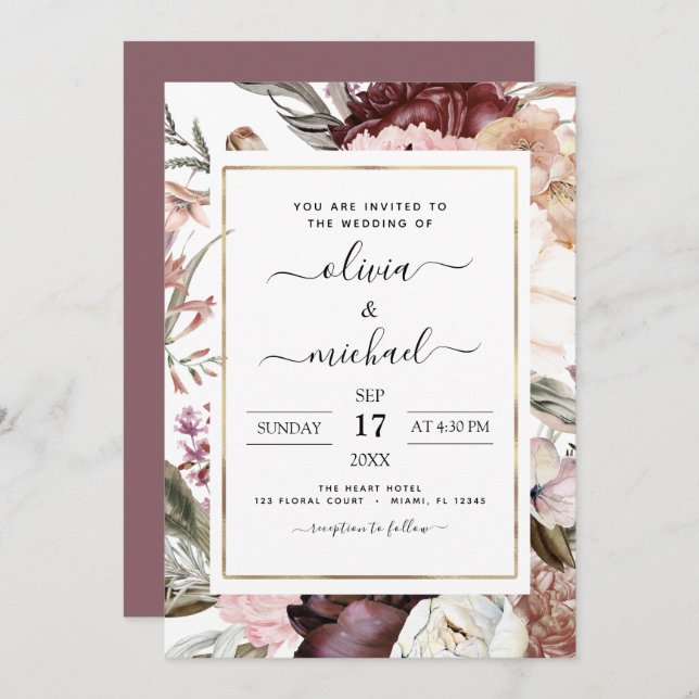 Invitation Boho Dusty Pink Mariage Bourgogne (Devant / Derrière)
