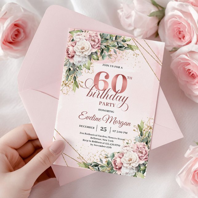 Invitation Boho Dusty Pink Rose Gold Watercolor 60th Birthday (Dusty Pink Rose Gold Watercolor 60th Birthday Invitation)