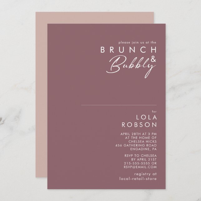 Invitation Boho Dusty Purple & Rose Brunch et Bubbly Douche (Devant / Derrière)