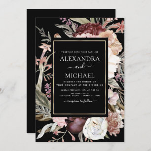 Invitation Boho Dusty rose Bourgogne Mariage noir