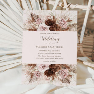 Invitation Boho Dusty rose Fleurs Brown Pampas Mariage en her