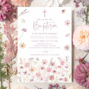 Invitation Boho Dusty Rose Fleurs sauvages Baptême