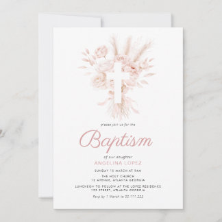 Invitation boho dusty rose pampas baptême floral