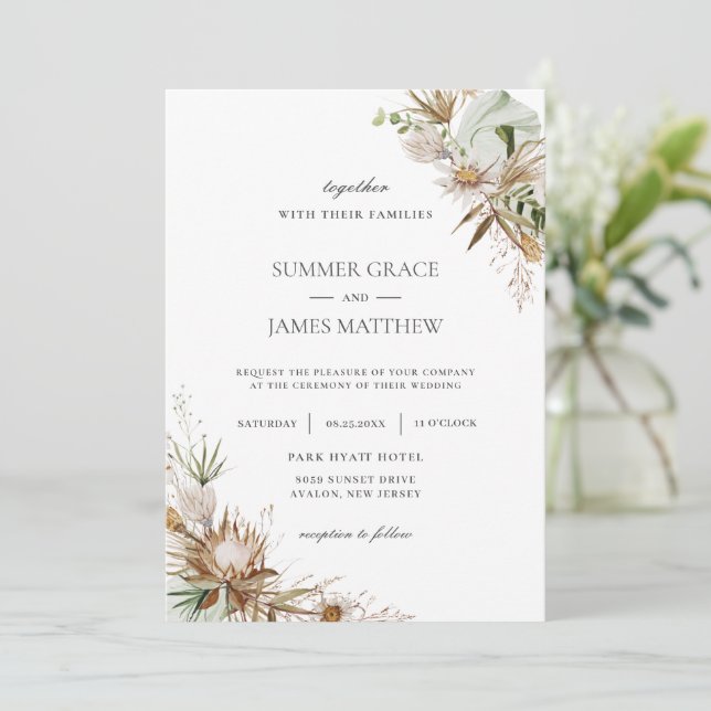 Invitation Boho Earthy Protea séché Palm Rustique Mariage   (Debout devant)