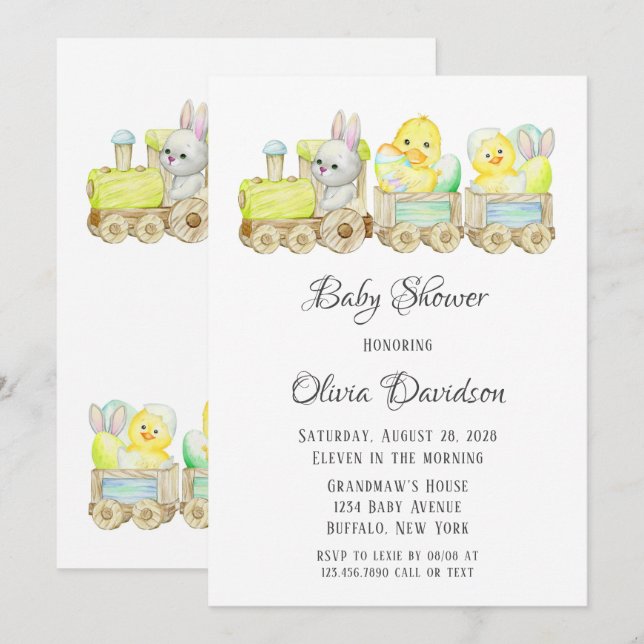 Invitation Boho Easter Chicks Cho Cho Train Baby shower Invit (Devant / Derrière)