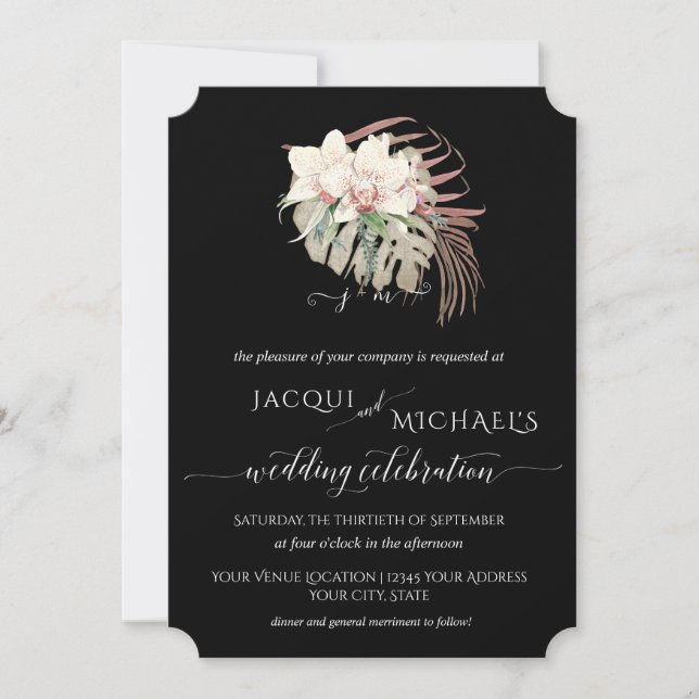 Invitation BOHO Elegant blanc orchidée Floral Tropical Mariag (Devant)