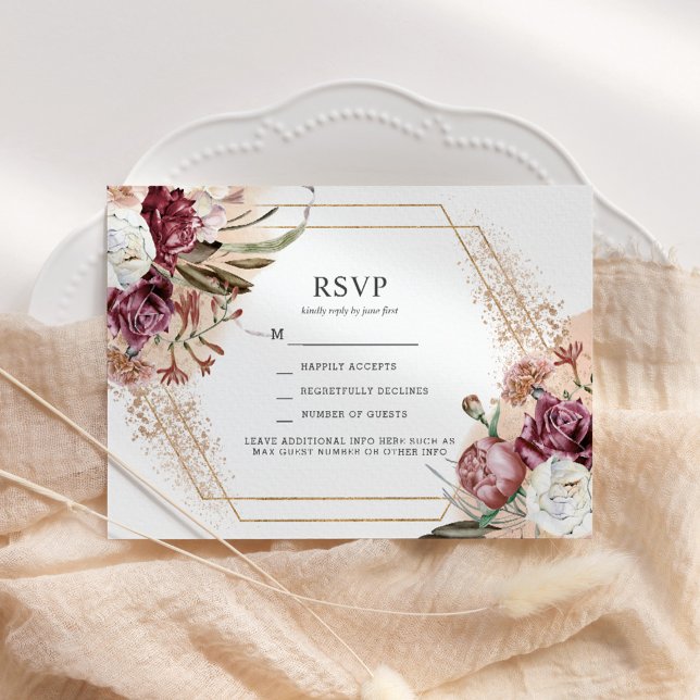 Invitation Boho Elegant Boho Burgundy, Blush & Rose Gold RSVP (Créateur téléchargé)