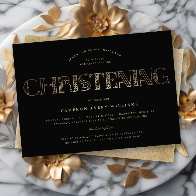 Invitation Boho Élégant Chic Or/Noir Baptême Religieux (Boho Elegant Chic Gold/Black Christening Religious Invitation @ fat_fa_tin)