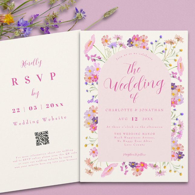 Invitation Boho Élégant Code QR Fleurs des Champs Rose Mariag (Boho wildflower pink script wedding qr code invitation )