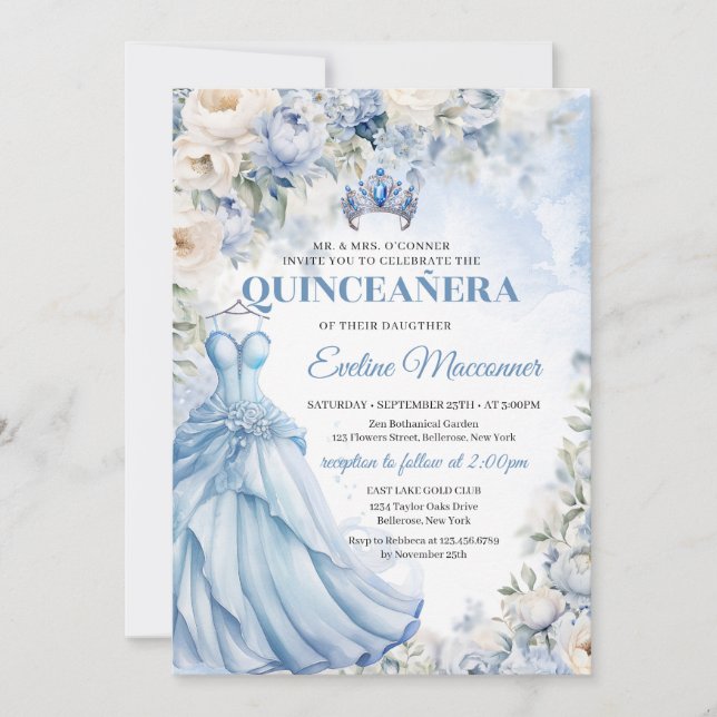 Invitation Boho Elegant Dusty Bleu et Fleurs d'ivoire Tiara (Devant)