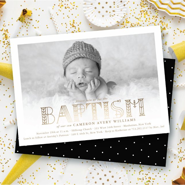 Invitation Boho Elegant Faux Gold Foil Stylish Baptême Photo (Boho Elegant Faux Gold Foil Stylish Chic Modern Baptism Religious Photo Invitation @ fat_fa_tin)