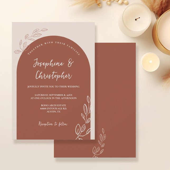 Invitation Boho Elegant Feuille Terracotta Burnt Orange Arch (Boho elegant Arch leaf details terracotta burnt orange unique wedding invitation)