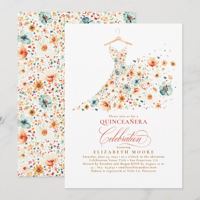 Invitation Boho Elegant Fleur sauvage Floral Fall Quinceanera (Devant / Derrière)