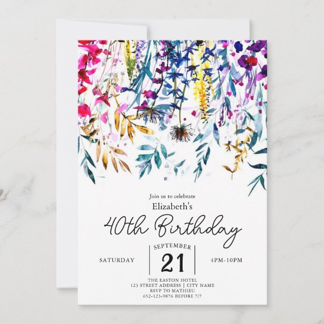 Invitation Boho Elegant Fleurs sauvages 40e anniversaire (Devant)