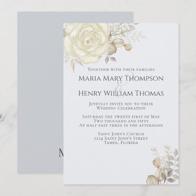 Invitation Boho Élégant Floral Bleu Bleu Roses Blancs Simple (Devant / Derrière)