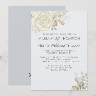 Invitation Boho Élégant Floral Bleu Bleu Roses Blancs Simple