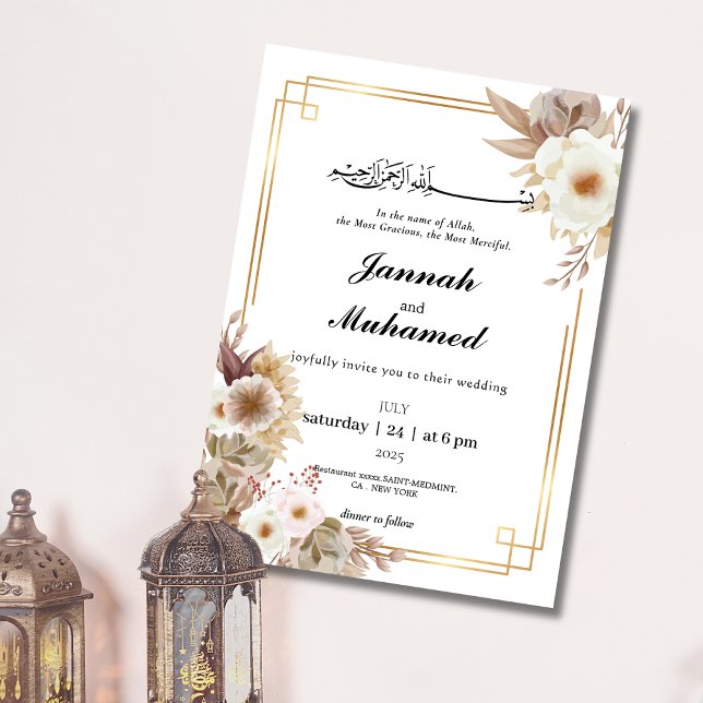 Invitation Boho Elegant Gold & Floral Mariage islamique (Créateur téléchargé)
