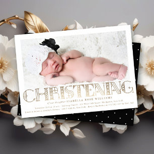 Invitation Boho Elegant Gold Foil Christening Photo Invitatio