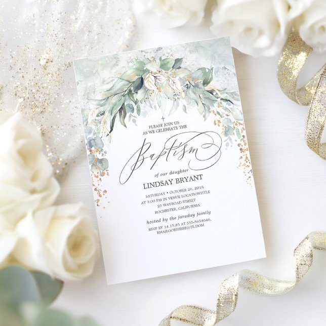 Invitation Boho Elegant Gold Parties scintillant Verdure Bapt (Greenery Arch Baptism Invitation)