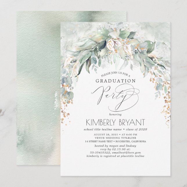 Invitation Boho Elegant Gold Parties scintillant Verdure Grad (Devant / Derrière)