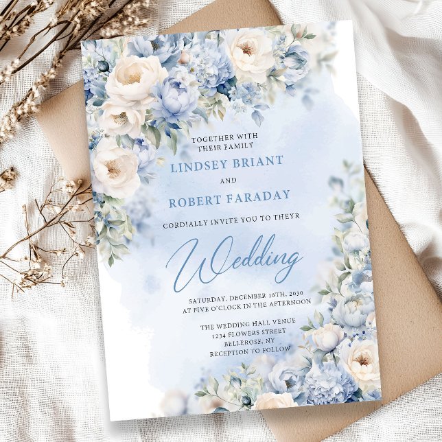 Invitation Boho Elegant hiver bleu poussiéreux et fleurs d'iv (Boho blue winter flowers greenery and gold wedding invitation digital)