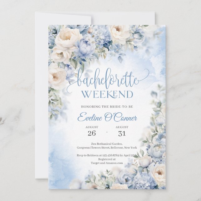 Invitation Boho Elegant hiver Dusty Bleu et Fleurs d'ivoire (Devant)