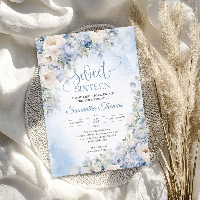 Invitation Boho Elegant hiver Dusty Bleu et Fleurs d'ivoire (Boho Elegant Winter Dusty Blue and Ivory Flowers Invitation)