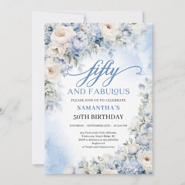 Invitation Boho Elegant hiver Dusty Bleu et Fleurs d'ivoire (Devant)
