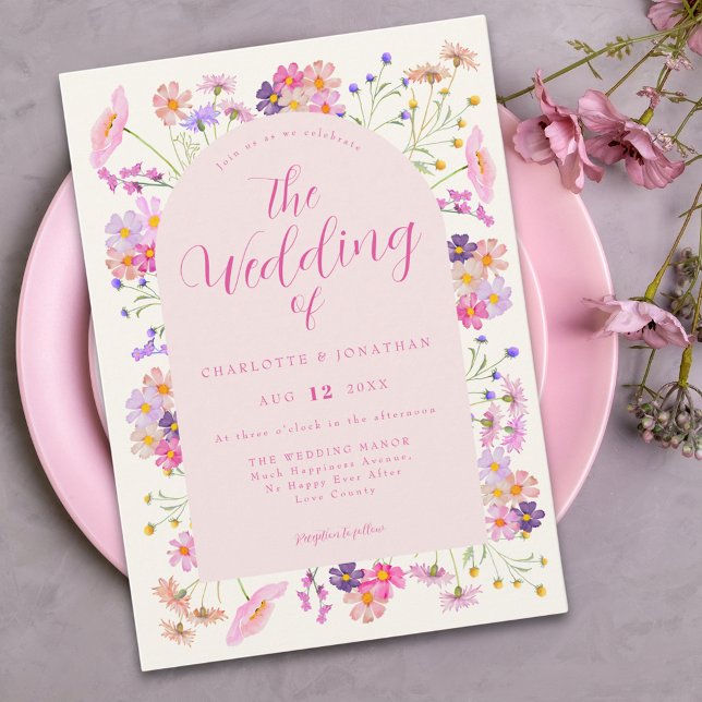 Invitation Boho Élégant Mariage Fleur de Champ Rose (Boho chic wildflower pink wedding invitation )